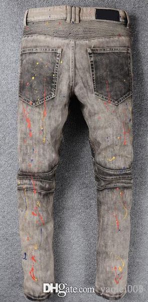 

europe and the usa high street fashion motorcycle pants do the old gray paint stitching slim micro-embossed jeans, Blue
