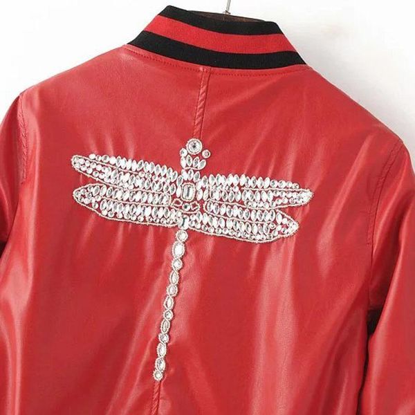 

uiui куртка женщин dragonfly шаблон алмазы женщины кожа pu куртки зимы с длинным рукавом повседневная полупальто, Black;brown