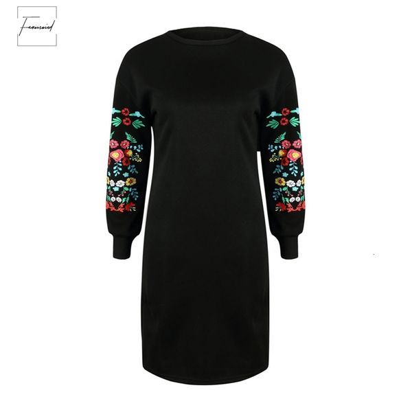 

dress women fashion autumn floral casual long sleeve vintage mini hoodie sweatshirt dress female cap sleeve warm vestidos designer clothes, Black;gray