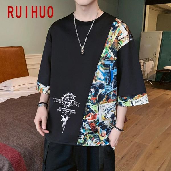 

ruihuo лоскутная с коротким рукавом мужская футболка мода streetwear одежда мужская одежда 2020 hip hop японская одежда man m-5xl, White;black