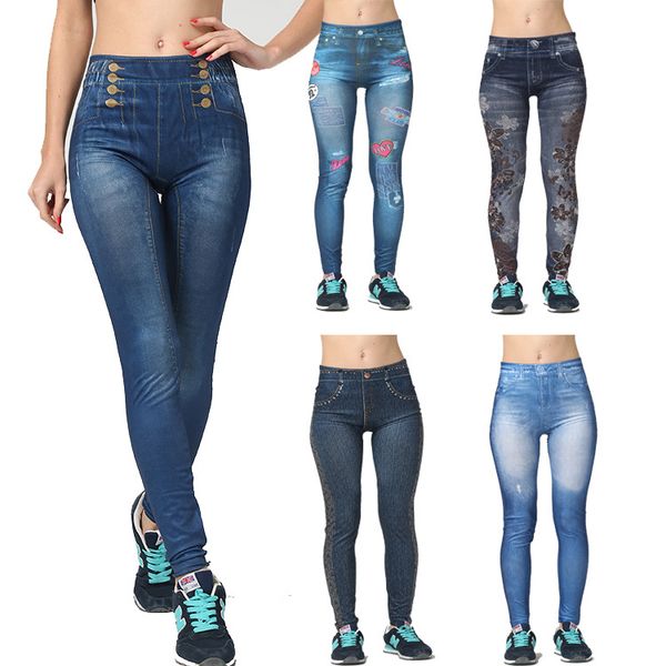 

jigerjoger winter european plus size super elastic seamless hole faux denim leggings compression tights basic running jeggings, White;red
