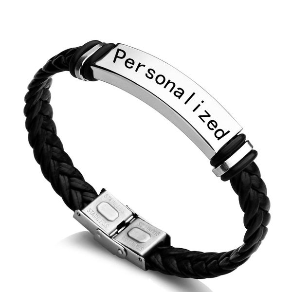 

link, chain personalized men's leather bracelets stainless steel id bar custom name date engrave bangle & bracelet male jewelry, Black