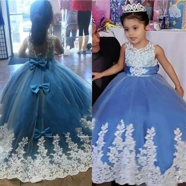 

light blue flower girl dresses appliques ball gown big bowknot back jewel round collar long birthday party girls wear, White;blue