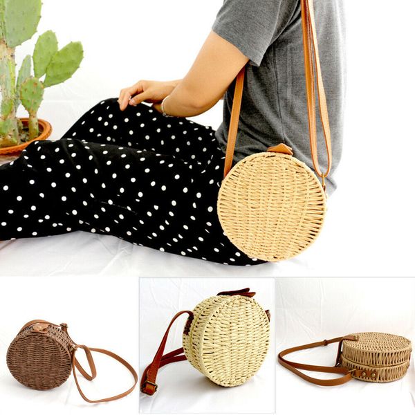 

2019 vintage handmade rattan woven shoulder bags pu straps hasp holiday beach crossbody bag messengers women round handbag