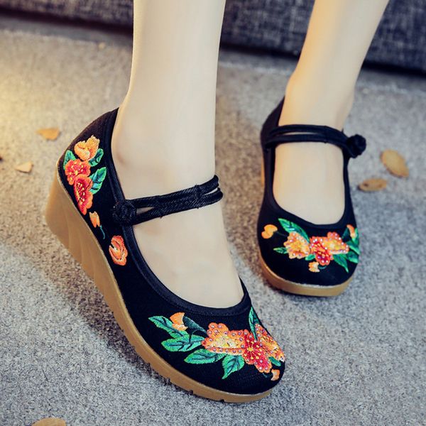 

women shoes old beijing mary jane flats with casual shoes chinese style embroidered cloth woman plus size 35-41, Black