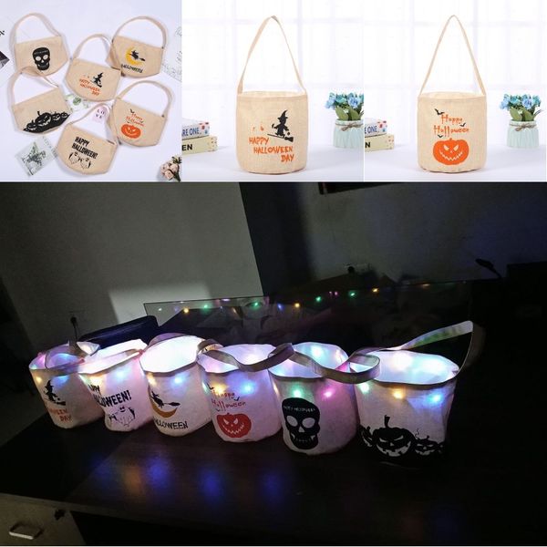 

halloween candy bucket kids led night canvas candy gift bags halloween pumpkin ghost skull printed party candy storage bags