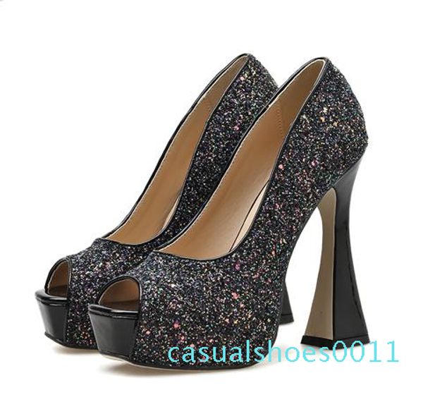 

sparkly sequined gold peep toe spool heel silver wedding shoes luxury women designer shoes bridal shoes size 35 to 41 c11, Black