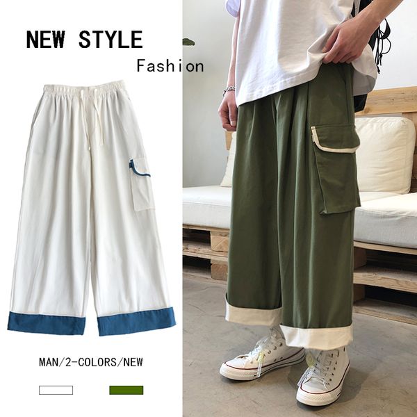 

хлопок повседневные брюки мужская мода solid color drawstring брюки прямые мужчины streetwear сыпучие multi-карман инструментальное брюки му, Black