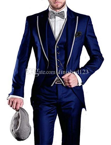 

very good one button blue groom tuxedos peak lapel men suits 3 pieces wedding/prom/dinner blazer (jacket+pants+vest+tie) w541, Black;gray