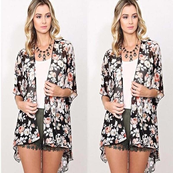 

women outfits summer beach blouse new women floral loose shawl casual cardigan boho chiffon, White