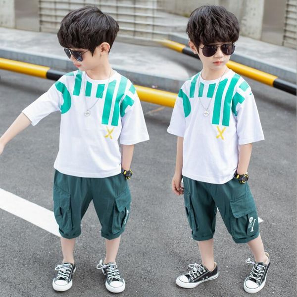 

boys' summer clothes 2020 style fashion t-shirt casual pants children's new set age 4-14y big boys sets t200413, White