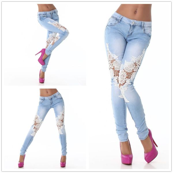

lace light blue women jeans boyfriend jeans for women plus size 3xl rock lady pencil pants