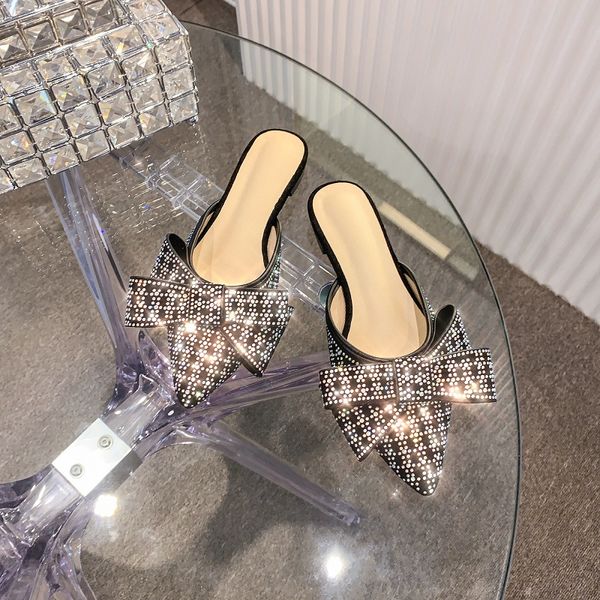 

baotou half slippers women wearing outside in summer 2019 new fashion flat pointed rhinestone mules shoes bow slippers, Black