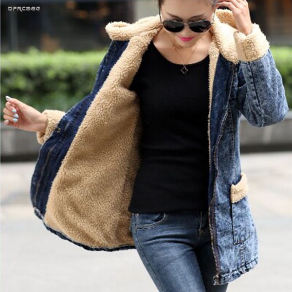 

plus size women's warm lambswool middle-long denim jackets winter 2019 loose basic thick hooded jean coats female, Black;brown