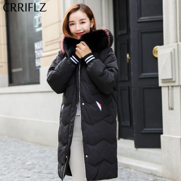 

real fur medium long slim winter jacket women white duck down jacket fur collar hooded coats warm thicken down parka crriflz, Black