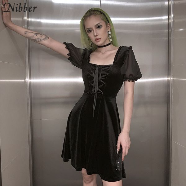 

nibber elegant club party night pleated dress2019autumn loose see-through mini dress mujer retro ruffle slim soft leisure dress, Black;gray