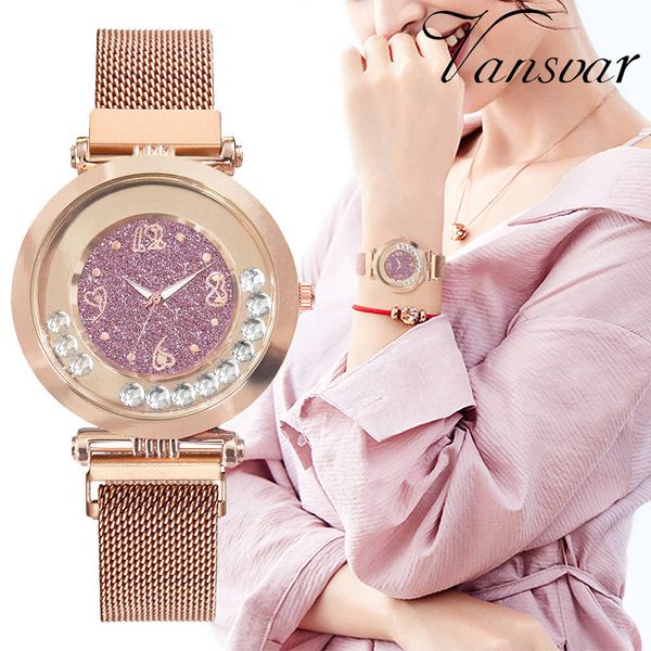 

vansvar luxury watch women dress bracelet watch fashion quartz stainless steel women magnet buckle starry sky diamond #50, Slivery;brown