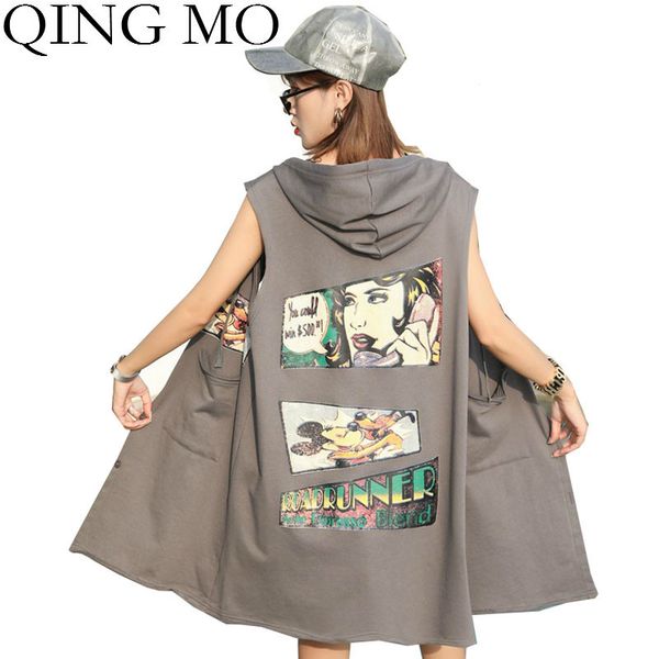 

qing mo black blue gray women hooded vest 2020 women cartoon printed vest female summer sleeveless coat zqy3352, Black;white