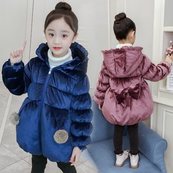 

2019 kids girls winter jackets lovely bow thick children coats warm parka hooded cotton-padded outerwear for baby girl clothes, Blue;gray