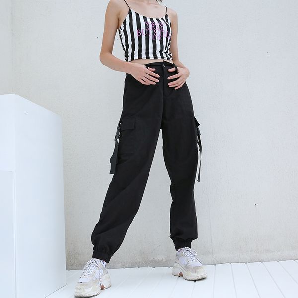 

high cargo waist black pants women pockets patchwork loose streetwear pencil pants fashion hip hop womens trousers, Black;white