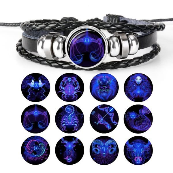 Bracelete de couro trançado preto para mulheres 12 constelação sinal do zodíaco leo virgo libra tecido cúpula de vidro charme beads jóias punk homens pulseira