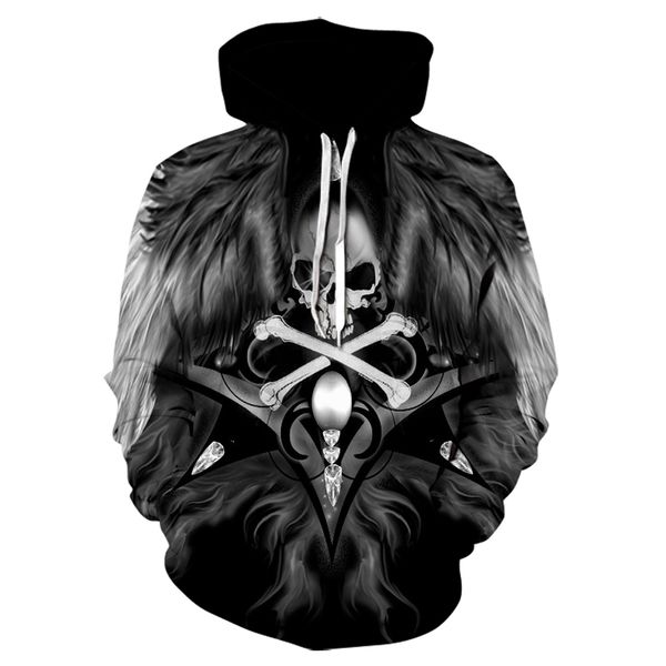 

men's 3d printing horror head frame pocket hoodie personality funny original home couple sportswear aggressive design hoodie, Black