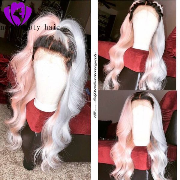 

part heat resisatnt wig long glueless ombre pink lace front wig 180% density body wave synthetic wigs for black women, Black;brown