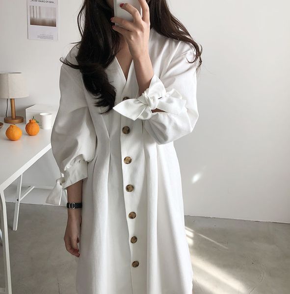 

Korea 2019 Formal Dress Women Elegant Spring and Summer New White Long Sleeve Sweet Dress Empire A-Line Dress