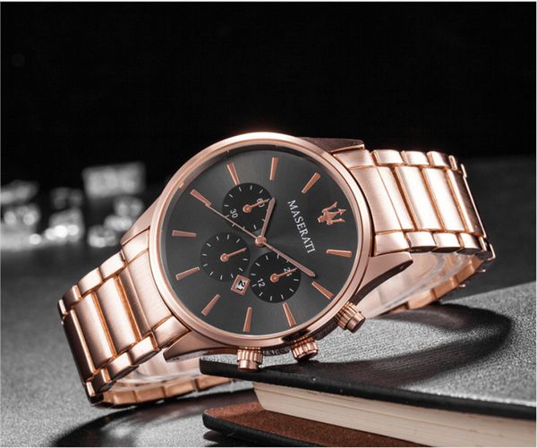 

mens luxe watches famous stainless steel quartz movement blue dial men's watch with calendar men wristwatches 03, Slivery;brown