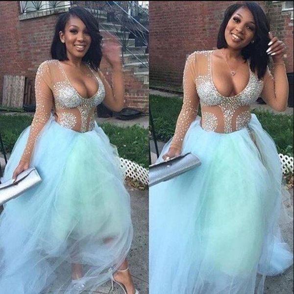 

elegant evening dresses scoop long sleeves beads 2019 formal prom dresses tulle side split floor length cocktail party dresses, Black;red
