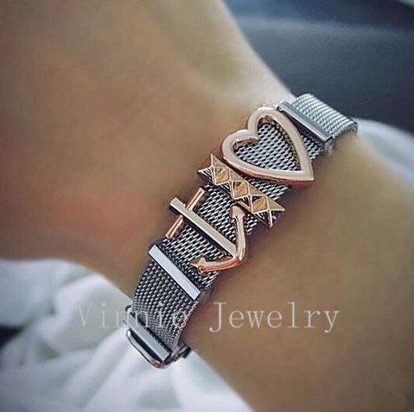 

vinnie design jewelry stainless steel silver mesh keeper bracelet with diy rose gold slide charms, Golden;silver