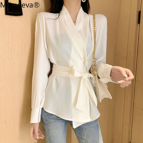 

bornsra2020 spring new korean style shirt women v-neck lace up chiffon french and blouses belt-waist shirts, White