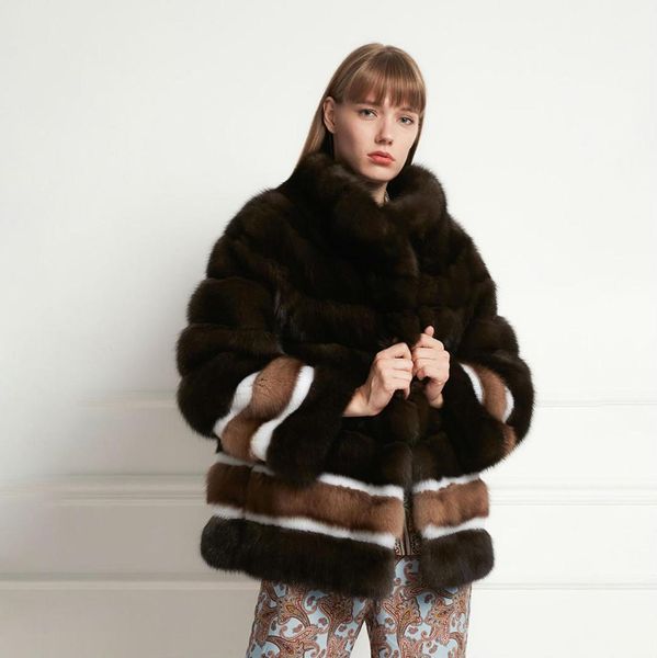 

arlenesain custom 2019 new design dark brown sable fur patchwork white and brown color women jacket, Black