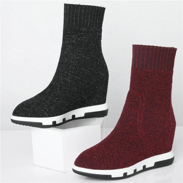 

fashion sneakers women knitting stockings wedges high heel pumps shoes female high pointed toe platform oxfords new trainers, Black