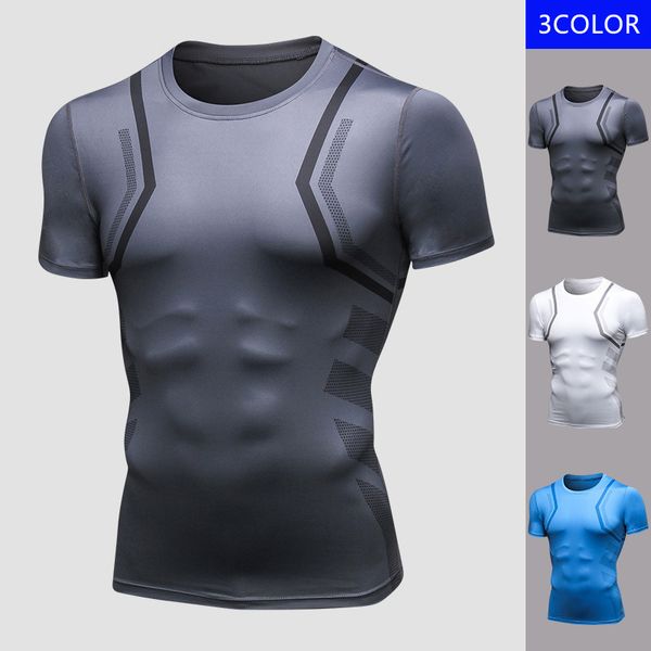 

2019 new muscle bodybuilding crossfit shirt training short sleeve elastic fitness tights joging gym running t-shirt, Black;red