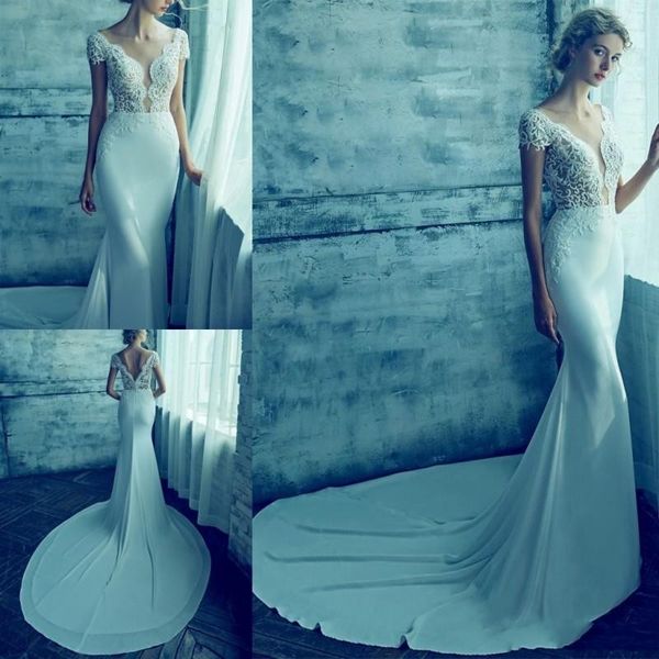 

lamour beach mermaid wedding dresses 2020 deep v neck lace appliques country bridal gowns sweep train bohemian wedding dress custom made