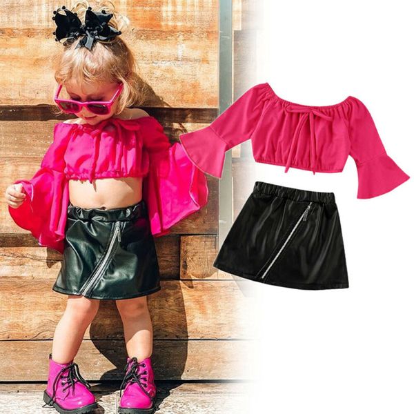 

прекрасные ребенка девочки 2pcs одежда -плеча с длинными рукавами top + искусственная кожа юбка outfit 6м-5y, White