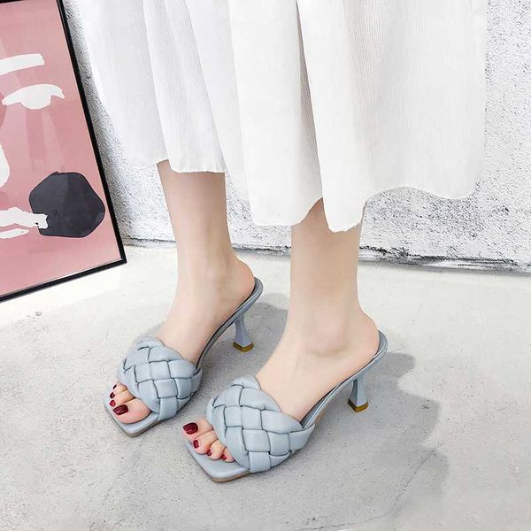 

6 cm thin heel slippers women weave slippers square toe sandals multicolor high heel sandals summer shoes women zapatos mujer, Black