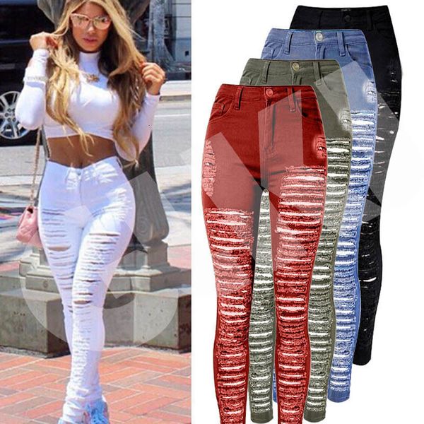 

women ripped jeans women pants women ripped denim jeans skinny hole pants high waist jeans slim pencil trousers black white blue