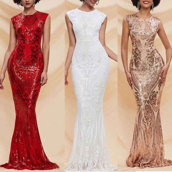 

party dresses 2021 sleeveless evening dress o-neck backless prom gown formal sequin mermaid women floor-length robe de soriee, White;black