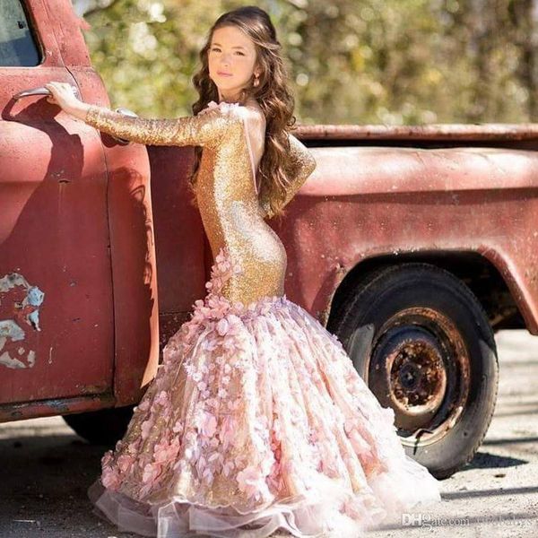 

la estrella de mar flower girl dresses new o neck back open long sleeve mermaid gold sequins pageant dresses for girls, White;blue