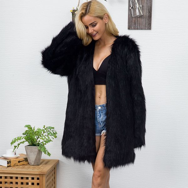 

naiveroo women fur coat jacket winter thicken warm furry shaggy outerwear v-neck collarless hairy parkas oversize black white