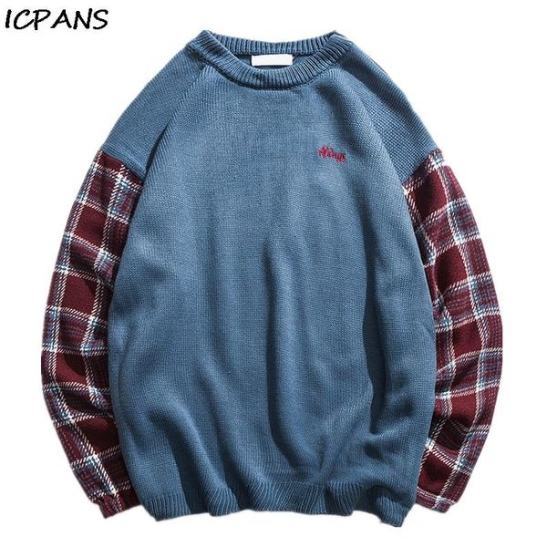 

icpans 2019 autumn winter sweater men japan style vintage plaid pullover sweater male loose korean trend o neck, White;black