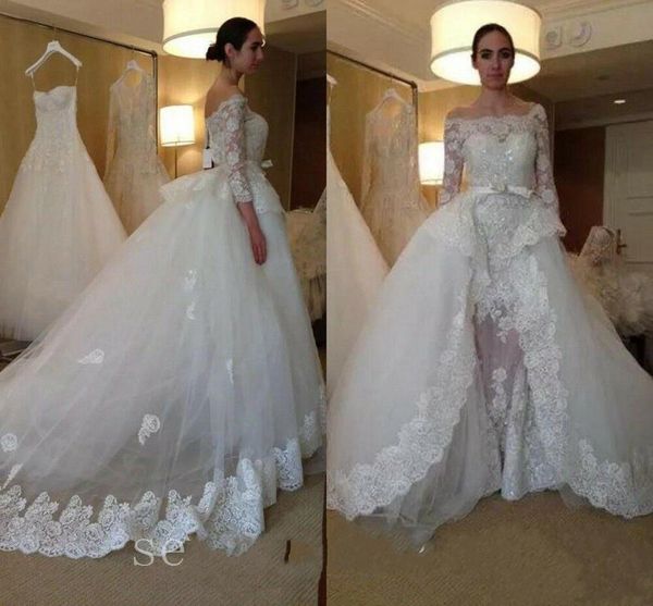 

vintage dubai long sleeve lace muslim wedding dresses with removable train custom made ivory lace up buttons bridal gowns, White