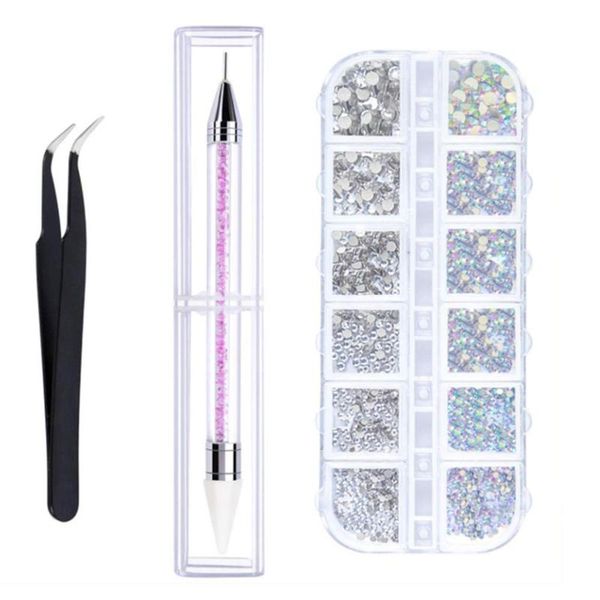 

3pcs nail art set glitter ab crystal + tweezers + dual-ended dotting pen picker wax pencil acrylic nail art tool