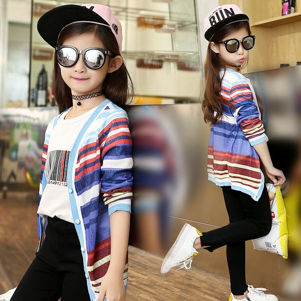 

jackets for girls fashion full sleeve kids rainbow knitted cardigan thin coats toddler spring autumn outwear clothes, Blue;gray