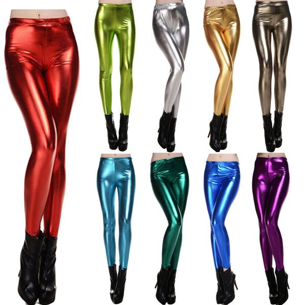 

new womens girls fashion casual summer pants solid skinny faux leather stretchy pants tight punk shiny pants trousers, Black;white