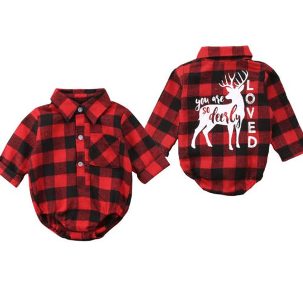 

xmas infant newborn baby girls boys christmas long sleeve blouse plaid deer romper outfit clothes, Blue