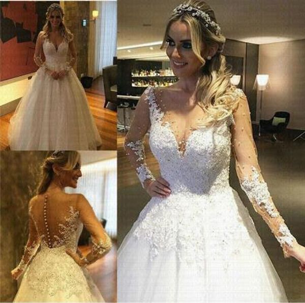 

champagne illusion tulle vestido de noiva dubai arabic wedding dress sheer see through back buttons robe de mariee bridal gown, White
