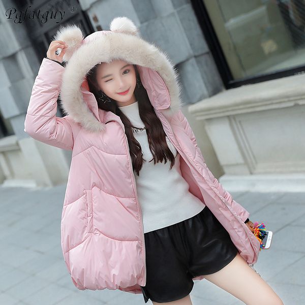 

new winter jacket women pink thicken coats female fashion warm outwear down cotton-padded cat ears hooded long coats parkas, Black